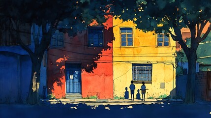 Wall Mural - Colorful Building with Silhouette of People.