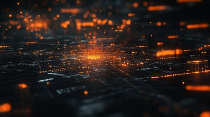 Abstract digital network with glowing orange nodes.