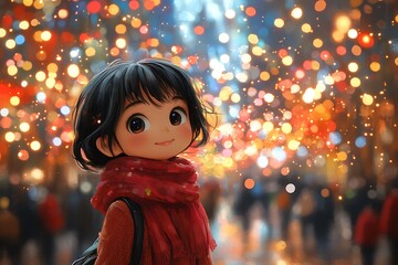 Wall Mural - Young girl looking up at the city lights.