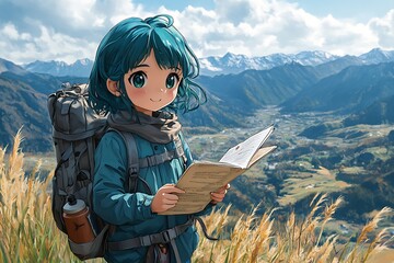 Poster - Anime Girl Hiking in the Mountains.