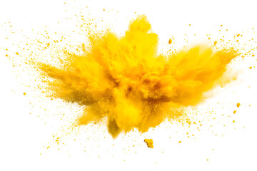 explosion of dry yellow paints on a transparent background. cloud and paint particles. Holi paint