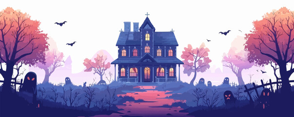 Wall Mural - Haunted house with ghostly figures on a white background. Vector flat isolated.