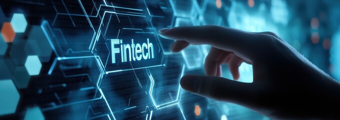 Poster - A hand interacting with a futuristic digital screen featuring fintech concepts and technological innovation