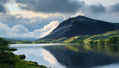 A distant black hill is located next to a tranquil lake. The surrounding environment is elegant, the clouds are soft, and the beautiful natural scenery is intoxicating.