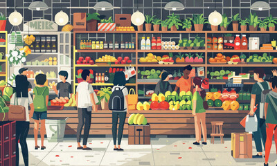 A flat vector of a bustling market scene.