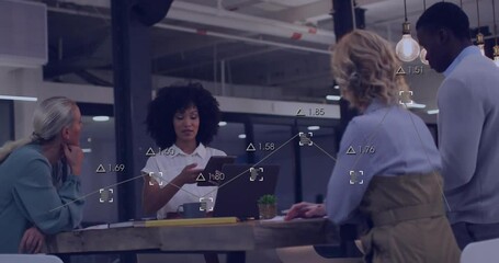 Poster - Animation of financial data processing over diverse business people working together