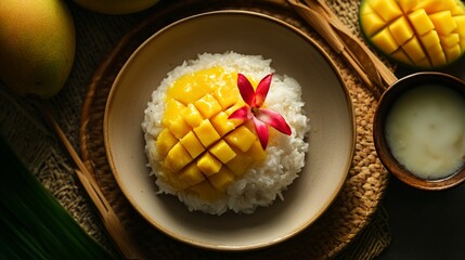 Close up of a bowl of sticky rice with diced mango and a pink flower on top.