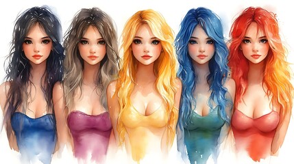 Wall Mural - Five Beautiful Women with Different Hair Colors in a Watercolor Painting.