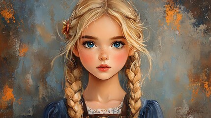 Sticker - Portrait of a Young Girl with Blue Eyes and Blonde Braids.