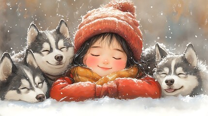 Sticker - Little Girl and Her Husky Dogs in a Winter Wonderland.