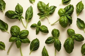 Wall Mural - Fresh Basil Leaves Arrangement on Ivory Canvas Background