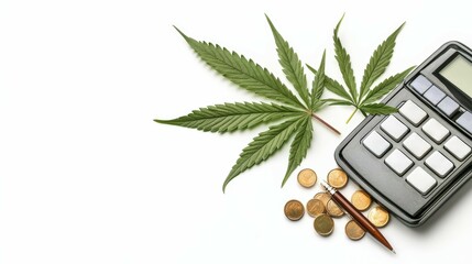 A calculator, coins, and cannabis leaves symbolize finance and the growing industry of hemp and marijuana.