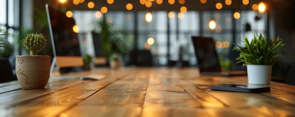 Wall Mural - a beautifully lit modern office space with wooden desks, plants, and glowing string lights, creating
