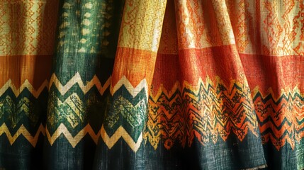 Close-up of colorful patterned fabric with a chevron design.