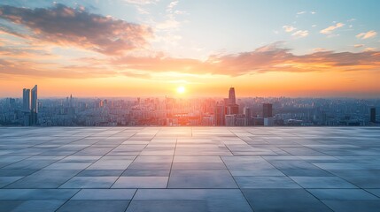 Canvas Print - City Skyline at Sunset with Empty Rooftop Platform