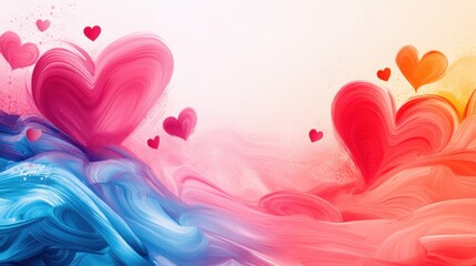 Wall Mural - Oil and acrylic paint background with abstract hearts and roses, romantic Valentine's theme