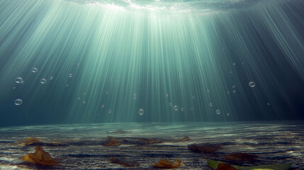 Wall Mural - Sunlight pierces through the water, illuminating bubbles and submerged leaves on the ocean floor. The serene underwater scene creates a sense of peaceful solitude.AI generated.