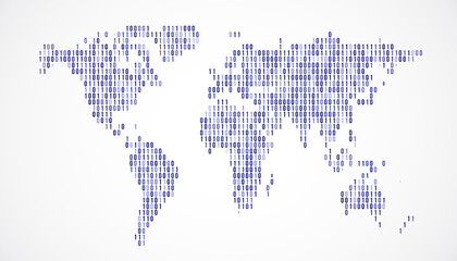 Digital World Map with Binary Code on White Background. 3D Rendering