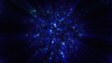 Poster - Abstract blue glowing energy sphere molecule nucleus atom round background with flying blurred dots bokeh particles