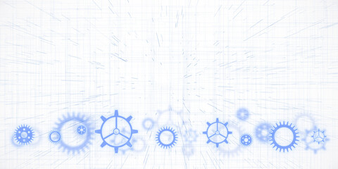 Poster - Abstract gears in blue on a white background with lines. Concept of technology and engineering. 3D Rendering