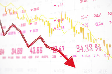 Aufkleber - Stock market crash showing a falling trend with red arrow and data on white background. 3D Rendering