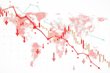 Wall Mural - Global stock market crash concept with red downward arrows and world map. 3D Rendering