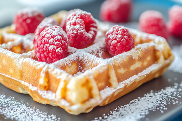 Wall Mural - A close-up of a waffle topped with raspberries and powdered sugar on a gray plate.