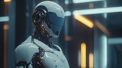 Poster - Advanced AI robot processing data in a sleek, futuristic setting, showcasing artificial intelligence innovation and modern tech advancements.