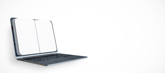 Poster - Open laptop with blank book pages on white background. 3D Rendering