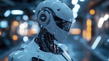 Poster - Advanced AI robot processing data in a sleek, futuristic setting, showcasing artificial intelligence innovation and modern tech advancements.