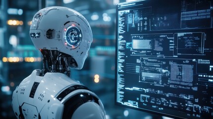 Poster - AI robot in a futuristic data lab, processing information with advanced technology, highlighting the future of artificial intelligence.