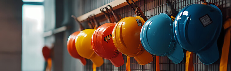 A row of colorful helmets and safety vests hanging on hooks in a construction site office, highlighting the importance of safety in labor.