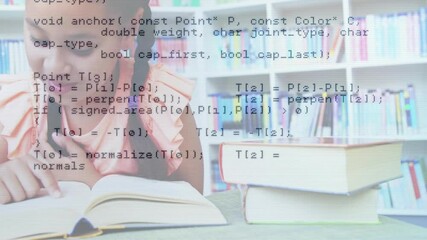Poster - Animation of digital data processing over biracial schoolgirl reading