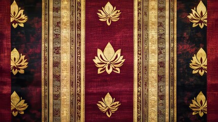 Red and gold ornate fabric with golden lotus flower designs.