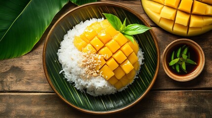 Sweet mango sticky rice on a rustic wooden background.