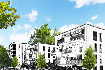 Drawing sketch of a residential area with modern apartment buildings, new green urban landscape in the city