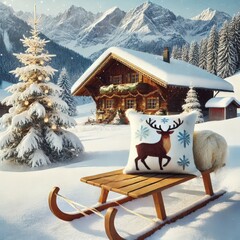 Wall Mural - A charming wooden cabin rests among a snowy landscape, complemented by a decorated Christmas tree and a sled with a reindeer pillow as the foreground touches the festive atmosphere