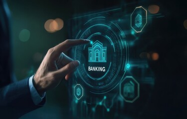 Poster - Businessman interacting with futuristic virtual banking interface in a corporate setting