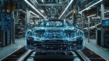 Poster - A transparent car model is displayed at a high-tech automotive manufacturing facility. The assembly line features advanced machinery and digital screens, emphasizing modern engineering