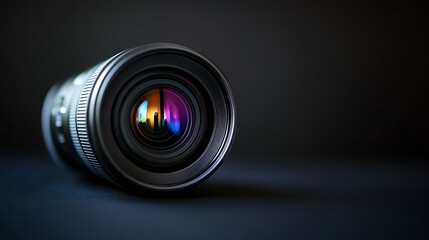 Close-up of a camera lens with a blurred reflection of a cityscape in the aperture