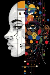 Poster - The artwork displays a female face split into two distinct halves, one side featuring intricate line patterns and the other vivid colors, showcasing the beauty of diversity