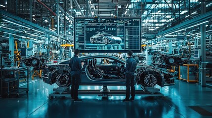 Poster - Two engineers analyze data on a large display while adjusting a hybrid vehicle prototype on the assembly line in a modern manufacturing plant
