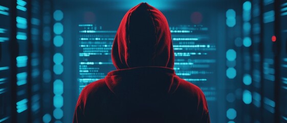 A hooded figure stands before glowing screens of data, immersed in a world of technology and coding, symbolizing cyber mystery.