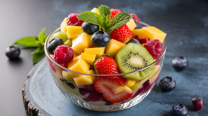 Wall Mural - A bowl of mixed fruit salad with strawberries, kiwi, blueberries, and mango, garnished with fresh mint leaves and served in a clear glass bowl.