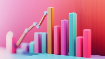 Wall Mural - Colorful 3D Bar Graph with an Upward Trend Line