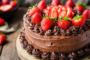 Wall Mural - A delicious chocolate cake topped with fresh strawberries, perfect for celebrations.