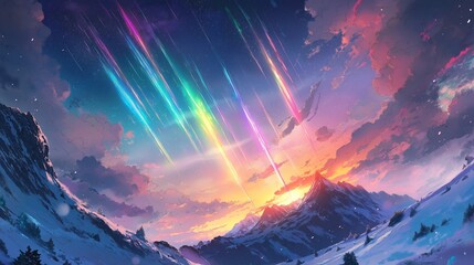 Wall Mural - cartoon anime drawing of cloudy night sky with colorful rainbow falling stars