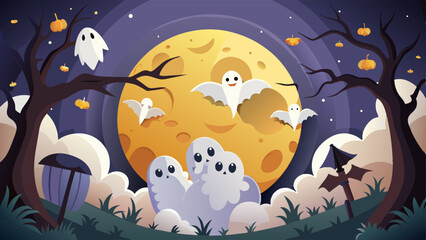 Wall Mural - Happy halloween design illustration. White ghosts and bats flying on full moon background. Paper art and craft style