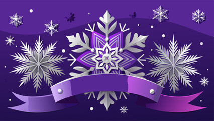 Wall Mural - Merry Christmas and Happy New Year banner. Abstract silver snowflakes on dark purple background. Paper art and craft design. Space for your design