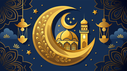 Ramadan Kareem. Gold moon and abstract luxury islamic elements background